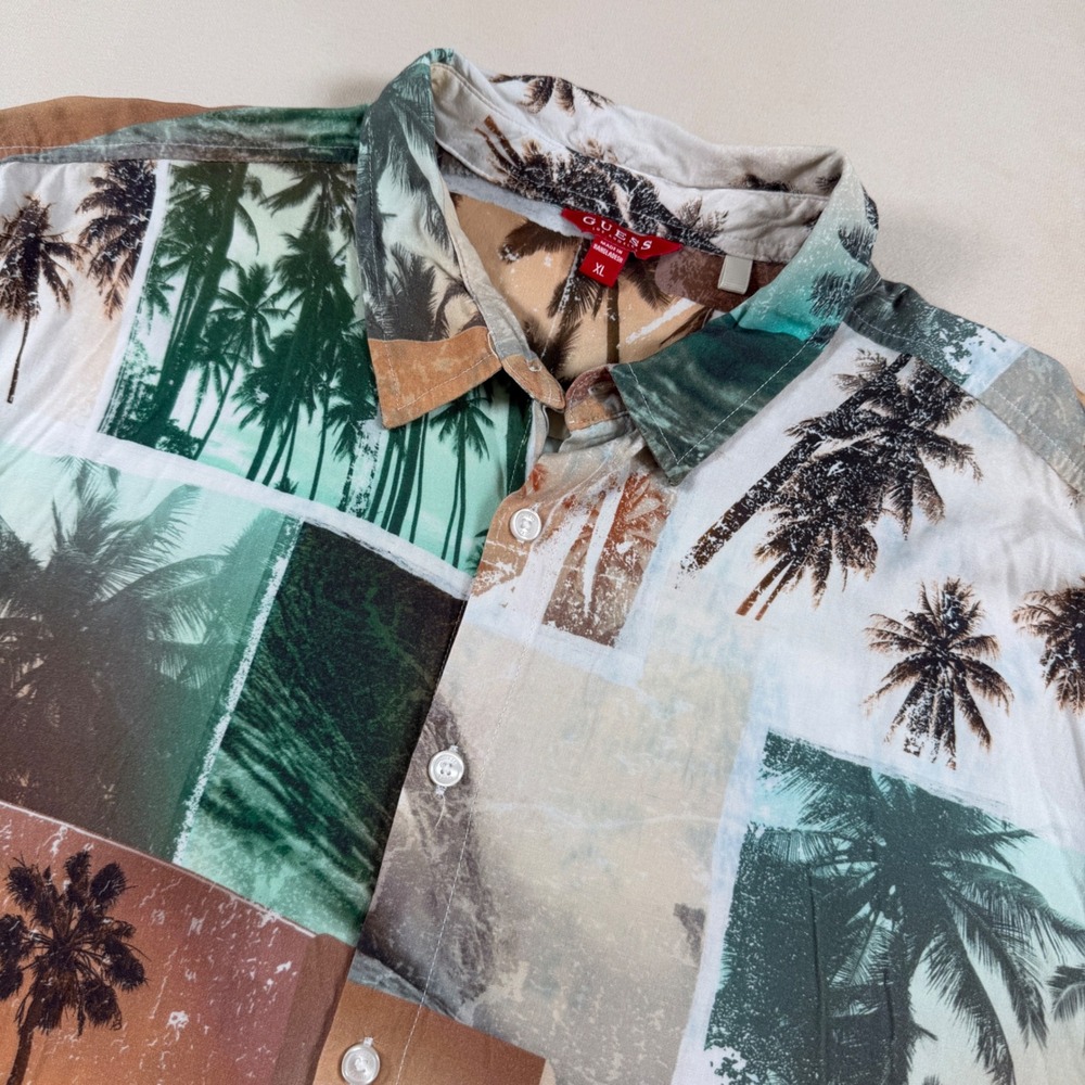 GUESS Mens XL Tropical Palm Tree Wave Beach Shirt Button Up Hawaiian Resort